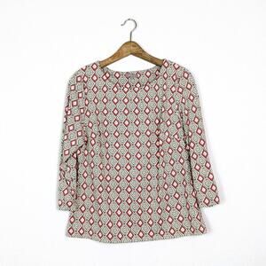 Ellie Kai Blouse 12 Brown Coral Ikat Print Boat Neck Long Sleeve